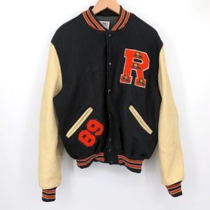 Vintage Indians R Varsity Letterman Jacket Wool Leather Sleeves Black Cream 46L